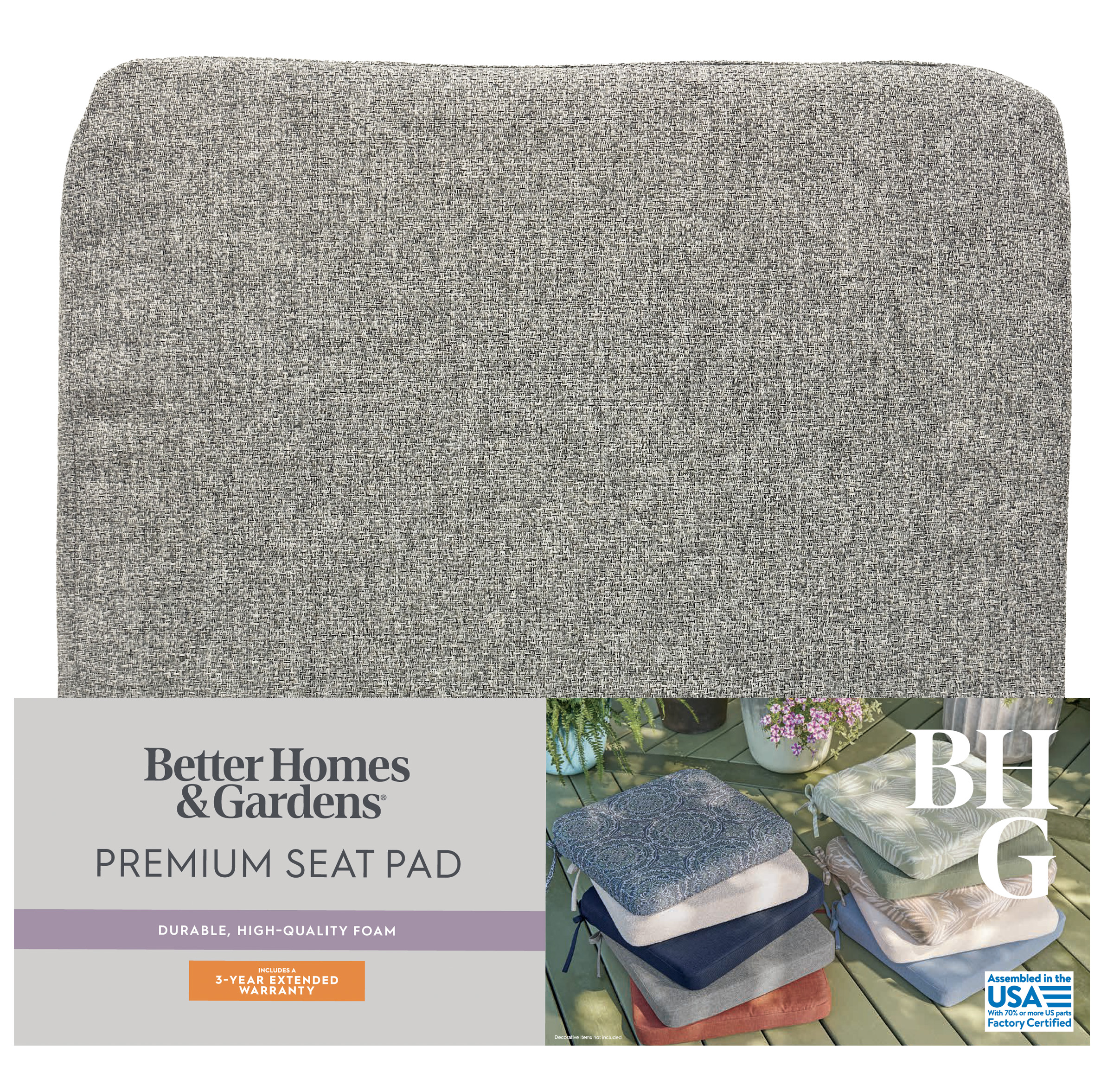 Better Homes & Gardens 19" x 18" Rectangle Outdoor Seat Pad Cushion, 1-Piece, Grey