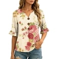 thumbnail image 5 of Ayolanni Button Down Shirts for Women Henley Floral 3/4 Sleeve V-Neck Blouse Loose Flutter Going Out Flowy Shirts Womens Spring Tops Multicolor L, 5 of 6