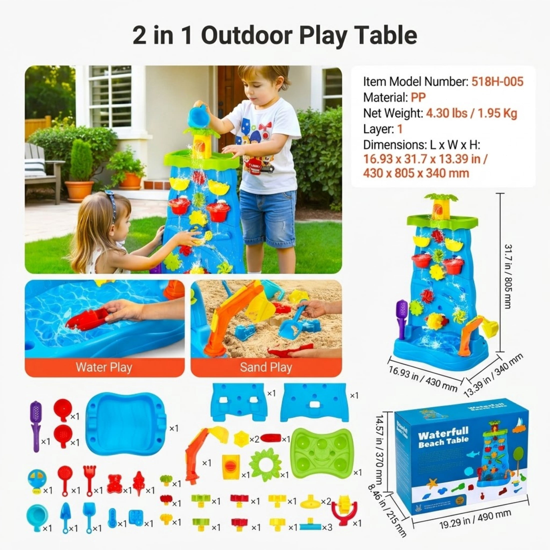 Sand and Water Table for Toddlers, 37-Piece Double-Sided Kids Activity Sensory Table with Waterfall, Outdoor Summer Toy for Ages 3+