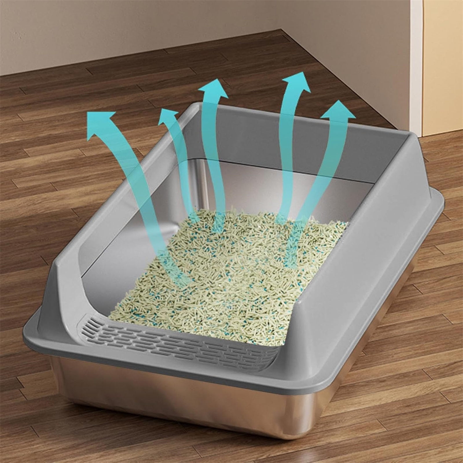 Large Cats Litter Box Stainless Steel Half Enclosed Design Antisplash Moisture Odor Control Litter Tray for Home