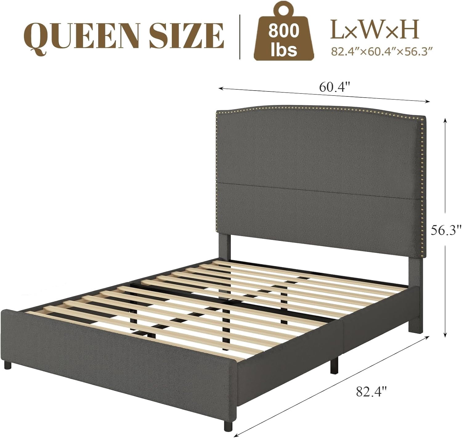 4 EVER WINNER Queen Bed Frame with 56" Tall Headboard, Queen Size Bed Fwith Nailhead Trim Headboard, Queen Upholstered Platform Bed, Grey