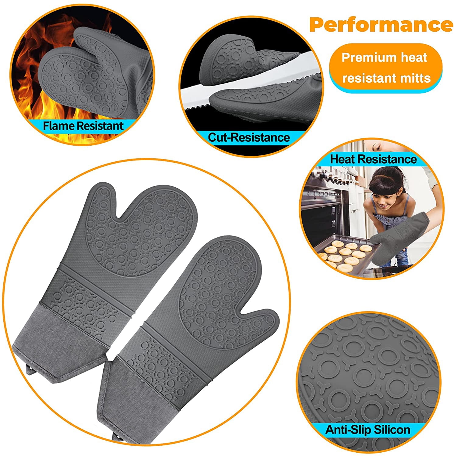 Oven Mitts and Pot Holders Set 8 Pcs, Extra Long Silicone Gloves Kitchen  Accessories High Heat Resistant 450 Degree Potholder with Non-Slip Surface