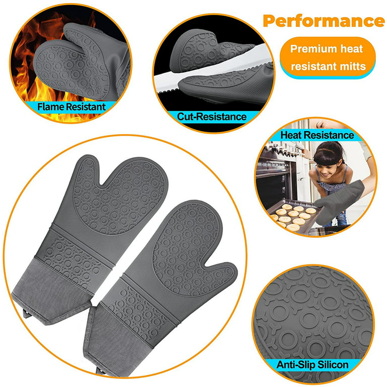 Silicone Oven Mitts And Pot Holders Sets, Extra Long Heat Resistant Oven  Gloves With Honeycomb Hot Pads And Mini Oven Mittens For Grilling, Kitchen  Baking Cooking, Soft Quilted Liner, Gray, Kitchen Supplies 