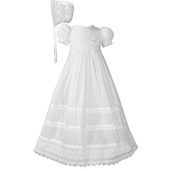 Girls Polycotton Short Sleeve Dress Christening Baptism Gown with Lace and Ribbon (6 Month Baby)