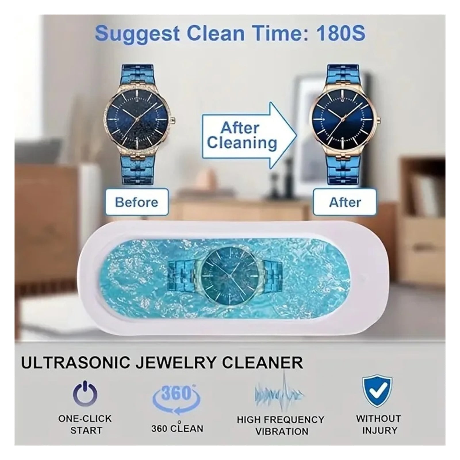 Ultrasonic Jewelry Cleaner Deep Cleaning for Rings, Necklaces, Watches, Earrings & Makeup Brushes