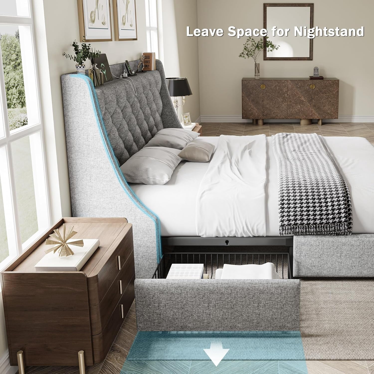Galnfu Queen Bed Frame with 4 Storage Drawers, Giant Upholstered Wingback Headboard, Fast Charging Station, No Box Spring Needed, Noise-Free,Light Gray