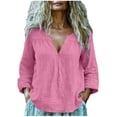 thumbnail image 2 of Endives Cotton Linen Shirts For Women V Neck Long Sleeve T Shirt Tee Casual Thin Breathable Blouses Summer Vacation Tops Pink, 2 of 6