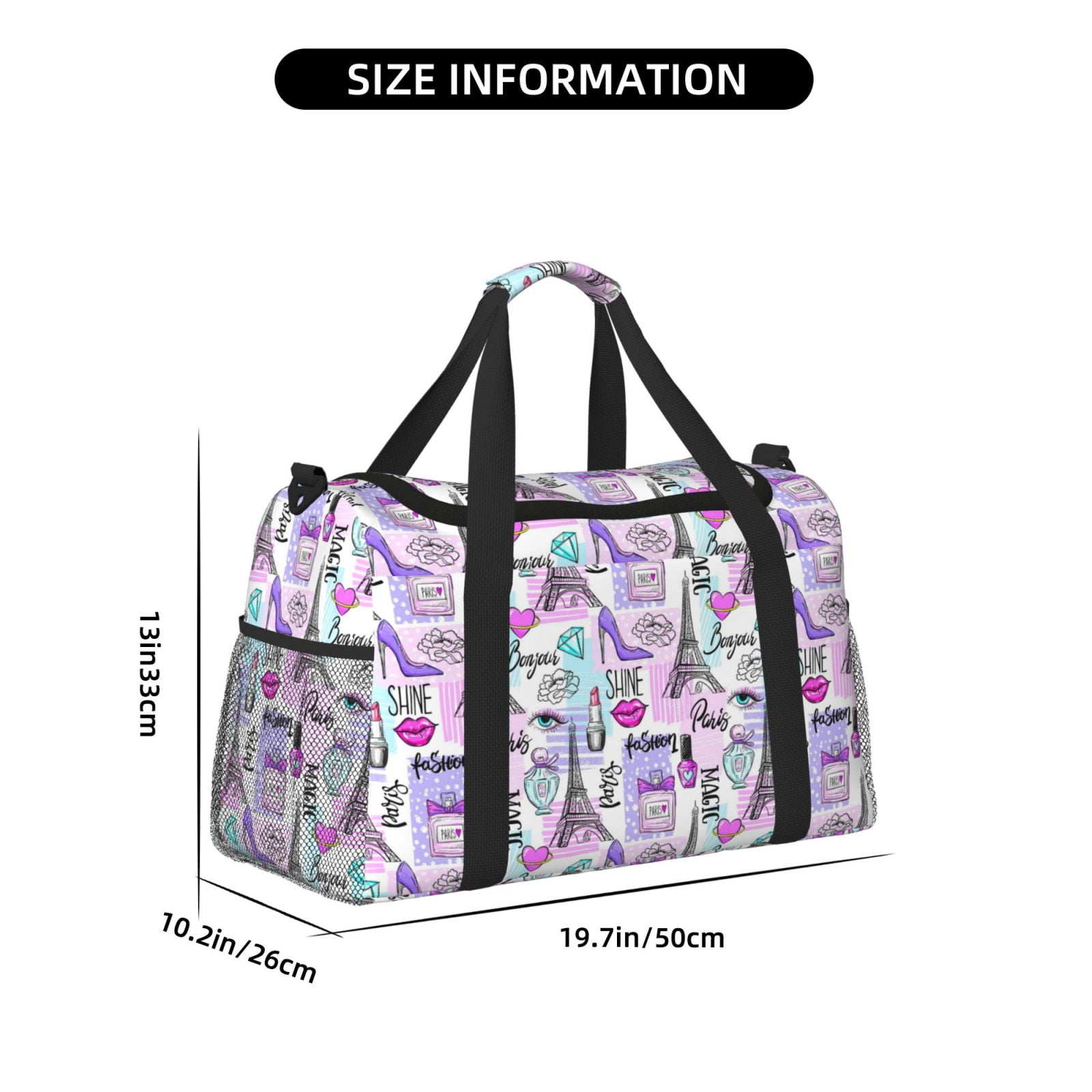 Fuzoiu Eiffel Tower and Hearts Print Travel Duffle Bag,Carry On Tote Bags,Duffel Bag,Sport Gym Bag, Hospital Bag for Labor and Delivery, Overnight Bag,Luggage Bag