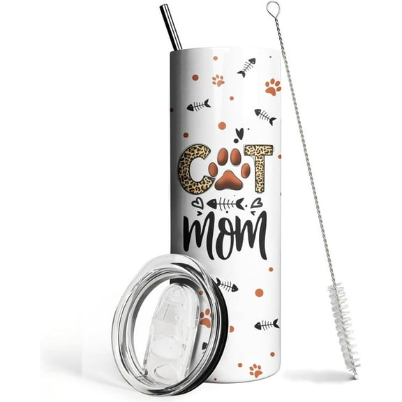 Cat mom Tumbler with Lid and Straw,20oz Cat Mom Paw Print Animal Stainless Steel Travel CoffeeMug Cup,Cat Mom Gifts for Women