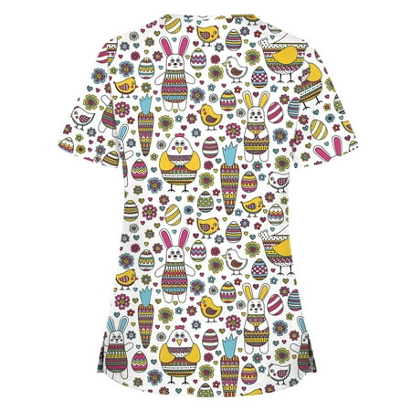 

cllios Womens Easter Scrub Top Rabbit Easter Eggs Graphic Shirt Short Sleeve Cute T-shirt V Neck Fashion Nursing Working Uniform Easter Gift for Women