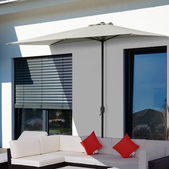 Beige Half Patio Umbrella with Crank Handle, UV-Resistant Wall-Mounted Outdoor Shade for Balcony, Patio & Small Spaces (7.5' x 4.3')