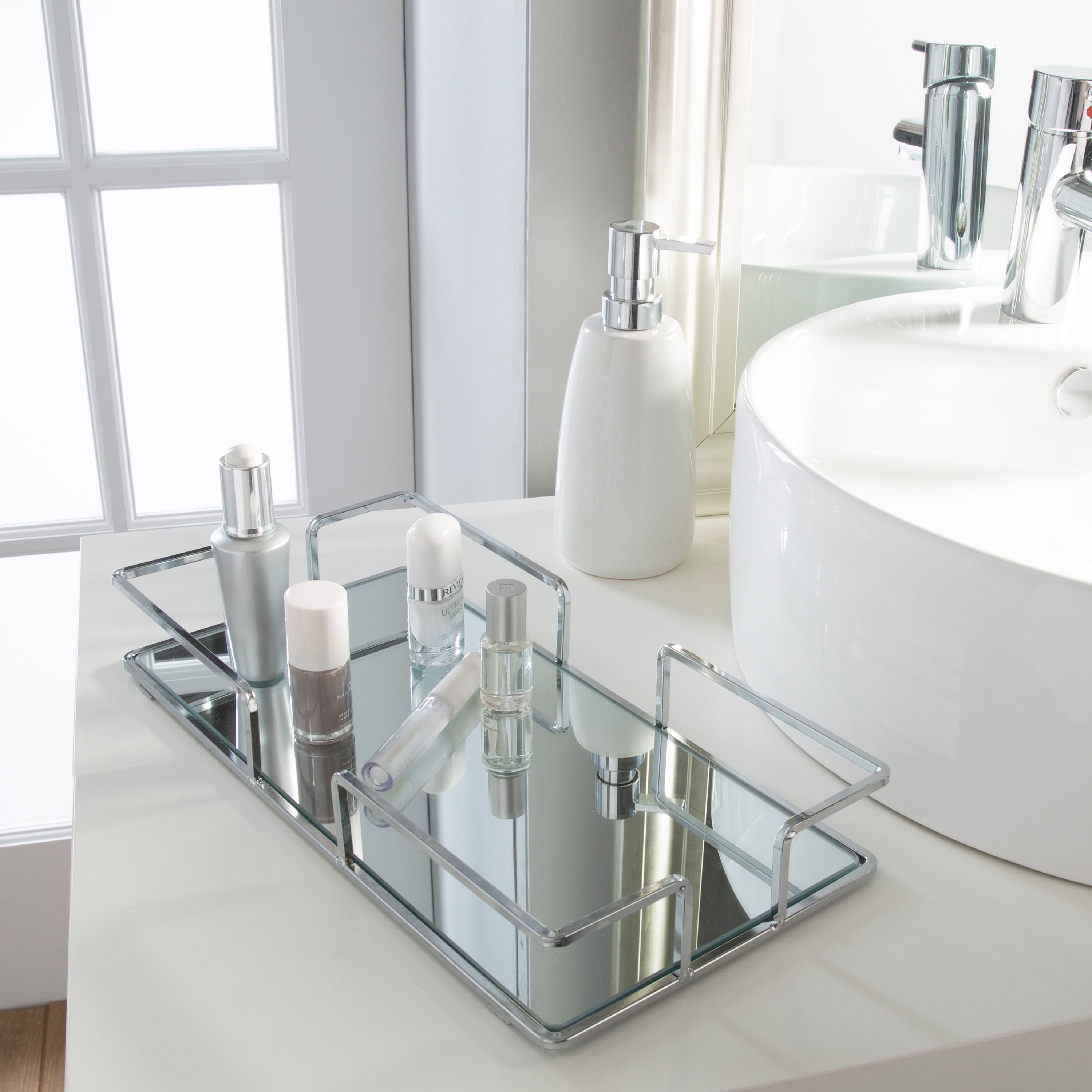 Home Details Modern Rectangular 7" x 14" Vanity Mirror Tray Makeup Organizer, Chrome