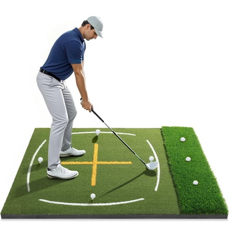 Golf Mat With Dual Turf | 5x4ft Hitting Standing Guide-line & Swing Path Line Practice Mats For Indoor Or Outdoor Use Ideal Gifts Men Dad