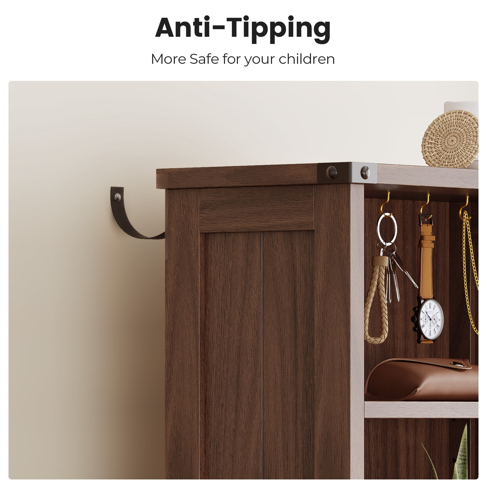 Farmhouse 51.6'' Tall Nightstand with Charging Station and LED Lights, Bed Side Table with 2 Drawers and Bookshelf & 6 Hooks, Easy to Assembly, Oak Brown