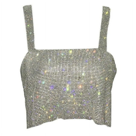BOOYOU Women Sexy Off Shoulder Cropped Tank Top Glitter Rhinestone Metal Diamond Camis Vest Backless Dancing Festival Party Jewelry Clubwear