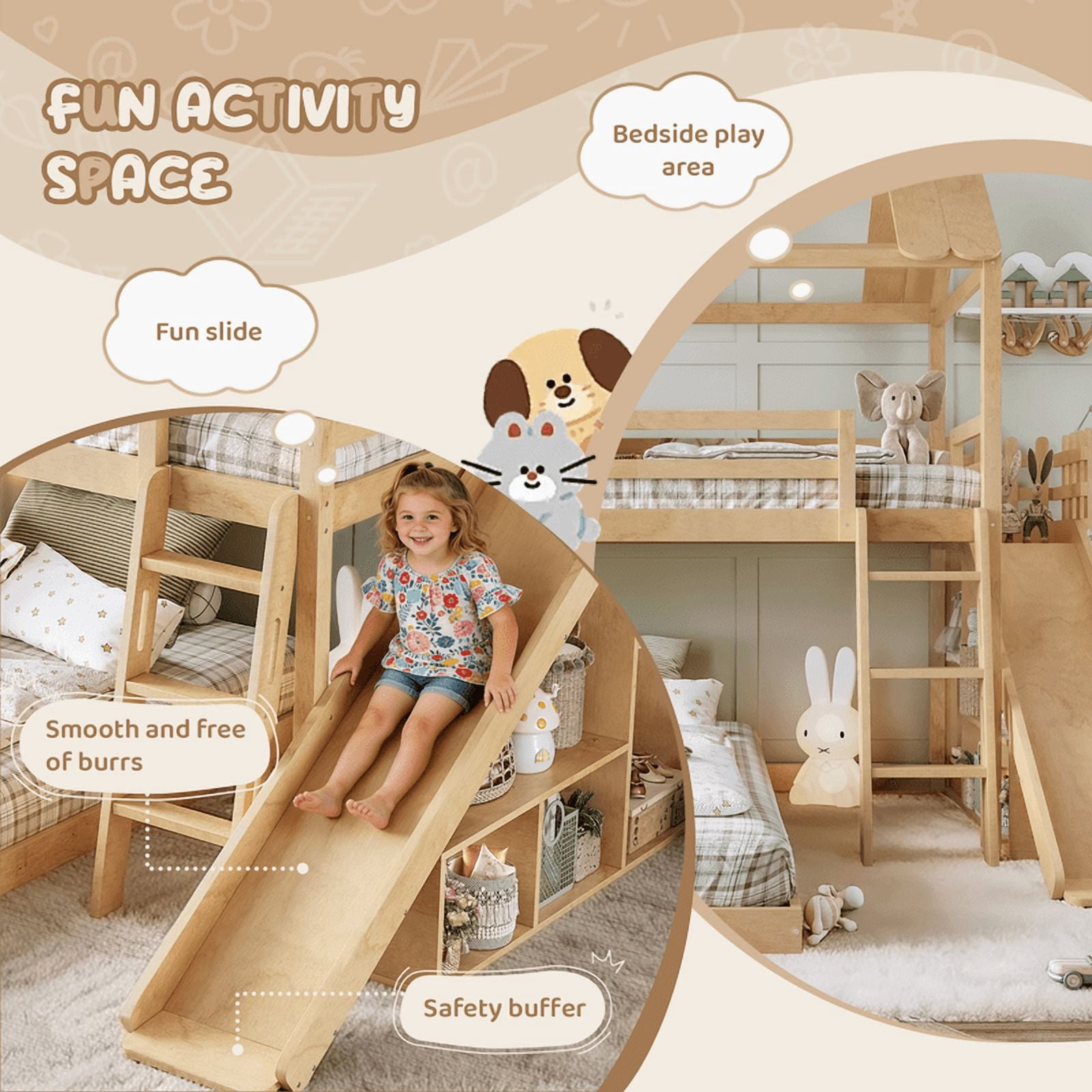 Twin Over Full House Bunk Bed with Slide and Ladder, Kids House Floor Bunk Bed with Storage Shelves and Wardrobe, Playhouse Design, Solid Wood Frame, No Box Spring Needed