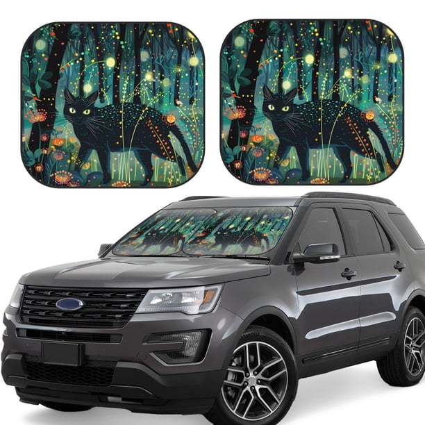 Balery Mystical Black Cat Fireflies Parasol para parabrisas de coche de 2 piezas | Parasol plegable para parabrisas delantero de coche para la mayoría de sedanes-Medium
