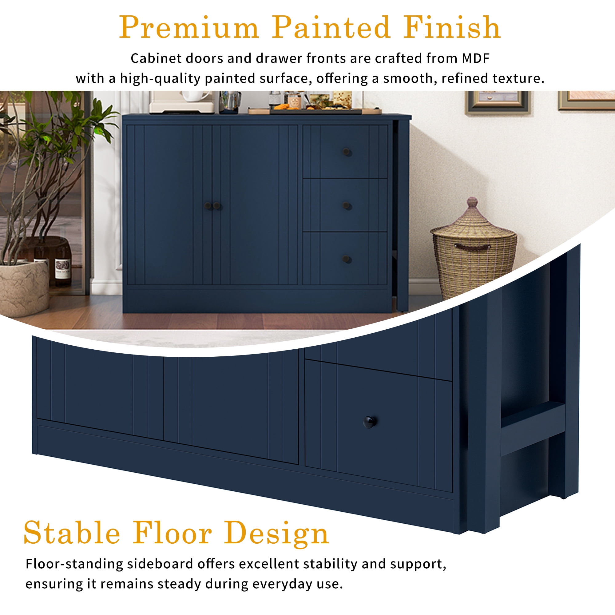 Aukfa Space-Saving Sideboard with 47" Extendable Dining Table,Buffet Cabinet for Kitchen Dining Living Room,Blue