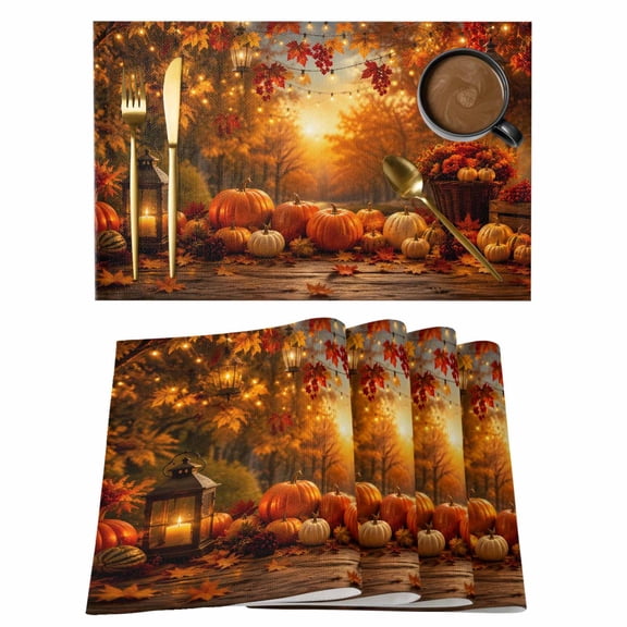 Thanksgiving Placemats Set of 6, Fall Porch Terracotta Orange Amber Pumpkin Maple Leaf Non-Slip Place Mats Washable Table Mats for Kitchen Dining Table Decorations Indoor/Outdoor