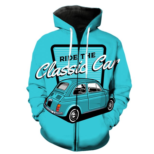 Sudadera con capucha y cremallera para hombre, diseño de coche clásico de dibujos animados, estilo casual, estilo hip hop, de gran tamaño, con estampado 3D, chaquetas y tops divertidos para adolescent