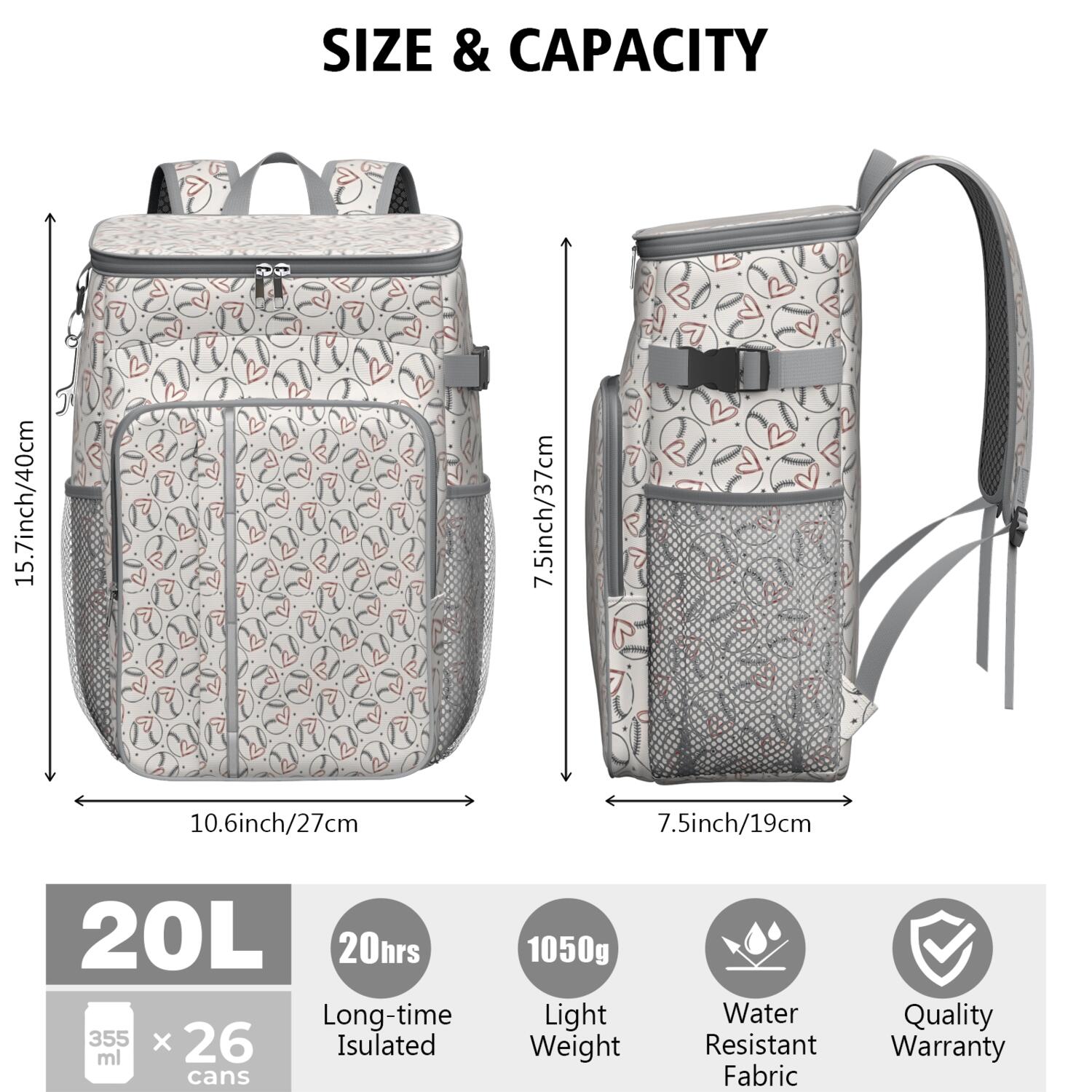 Travel Cooler Bag - Beige Baseballs with Hearts Pattern Camping Beer Cooler Backpack with Bottle Opener- Waterproof Insulated Picnic Backpacks - Cooler Bag for Beach