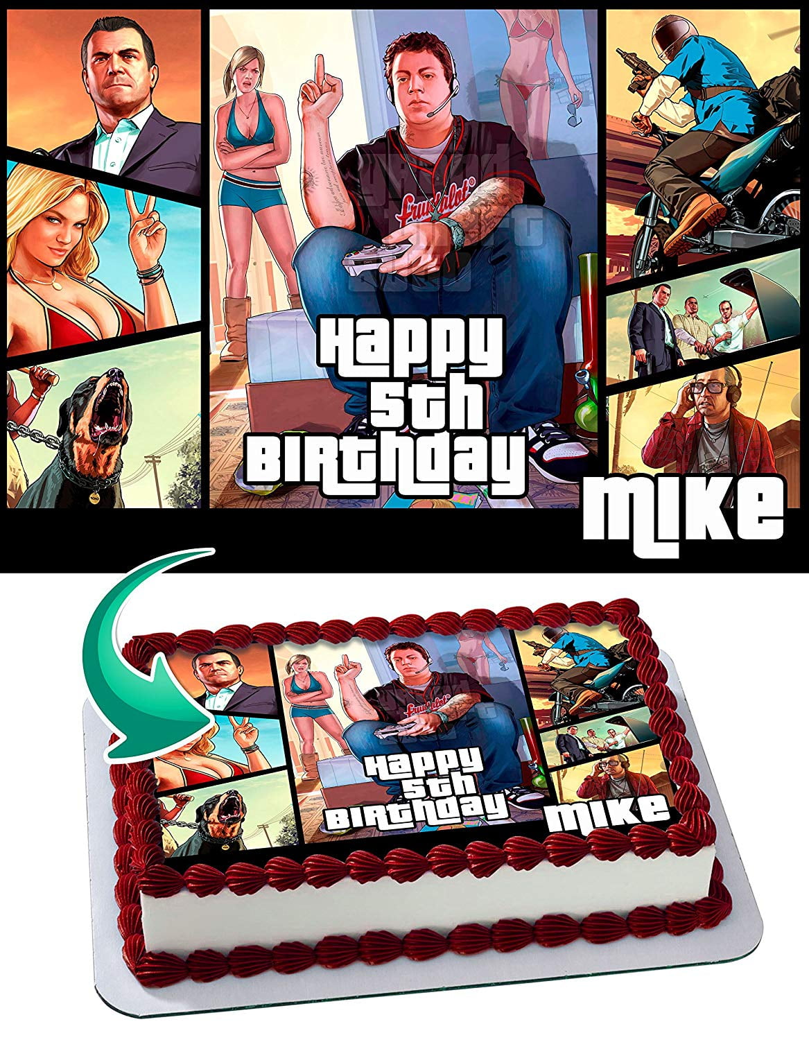 Grand Theft Auto Edible Cake Topper 11.7 x 17.5 Inches 1/2 Sheet
