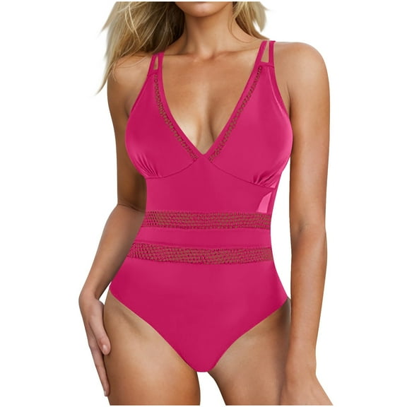 Women's Swimsuits Mesh Sexy One Piece Bathing Suits Slimming V Neck Swimwear Lace Trim Swim Suits for Women