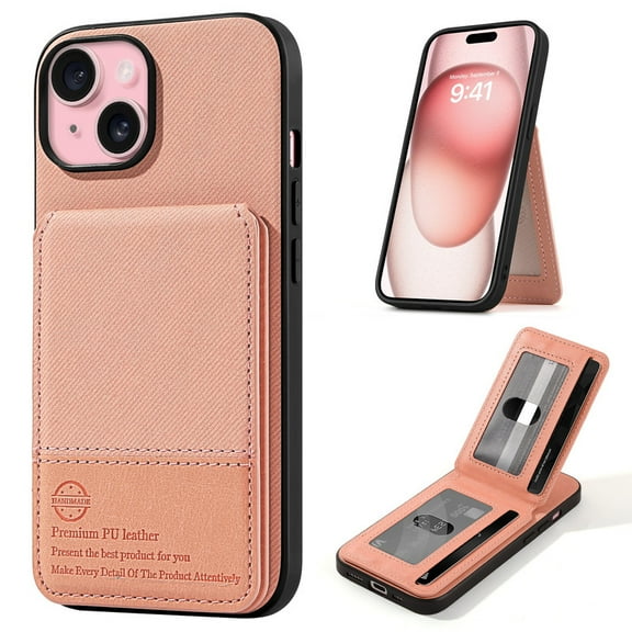VENINGO Wallet Case for iPhone 15 with Card Holder, Fabric Texture Slot Holder Magnetic Closure Lightweight and Shockproof Full Body Protective iPhone 15 case, Pink