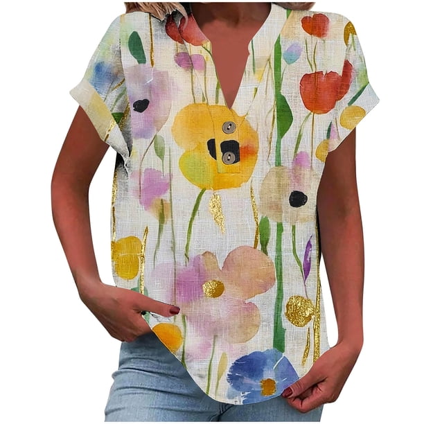 Vestidos Casuales Para Mujer, Blusas De Mujer De Moda Camiseta informal de manga corta con cuello en V y botones para mujer