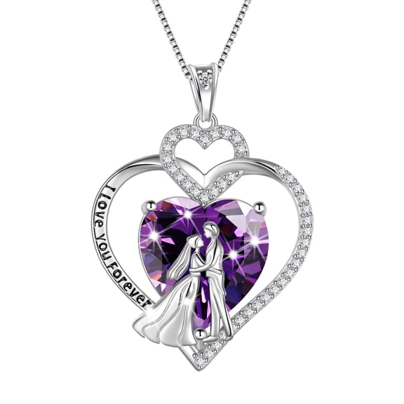 Juwaliy Couple Necklace for Women 925 Sterling Silver Heart February Birthstone Pendant Love Wedding Engagement Jewelry Valentine's Day Gift for Her Wife Girlfriend Bride