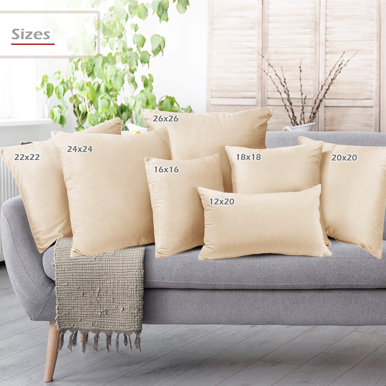 Nestl Velvet Throw Pillow Covers Solid Square Soft Decorative Pillow Cover for Sofa, 20" x 20", Beige, Pack of 4