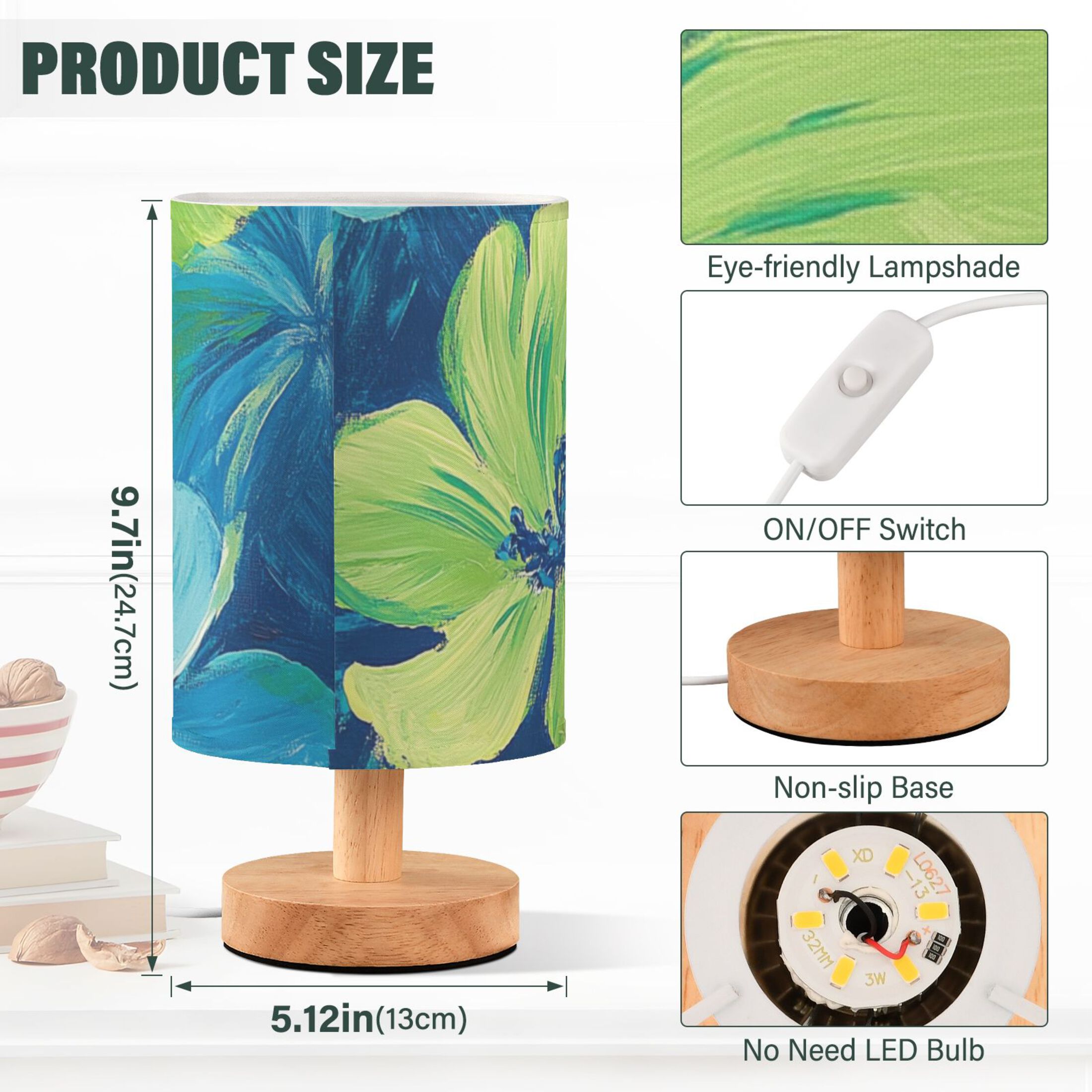 Blue and Green Flowers Oil Painting Table Lamp with USB Port LED Warm Light Lamp Night Light Home Decor