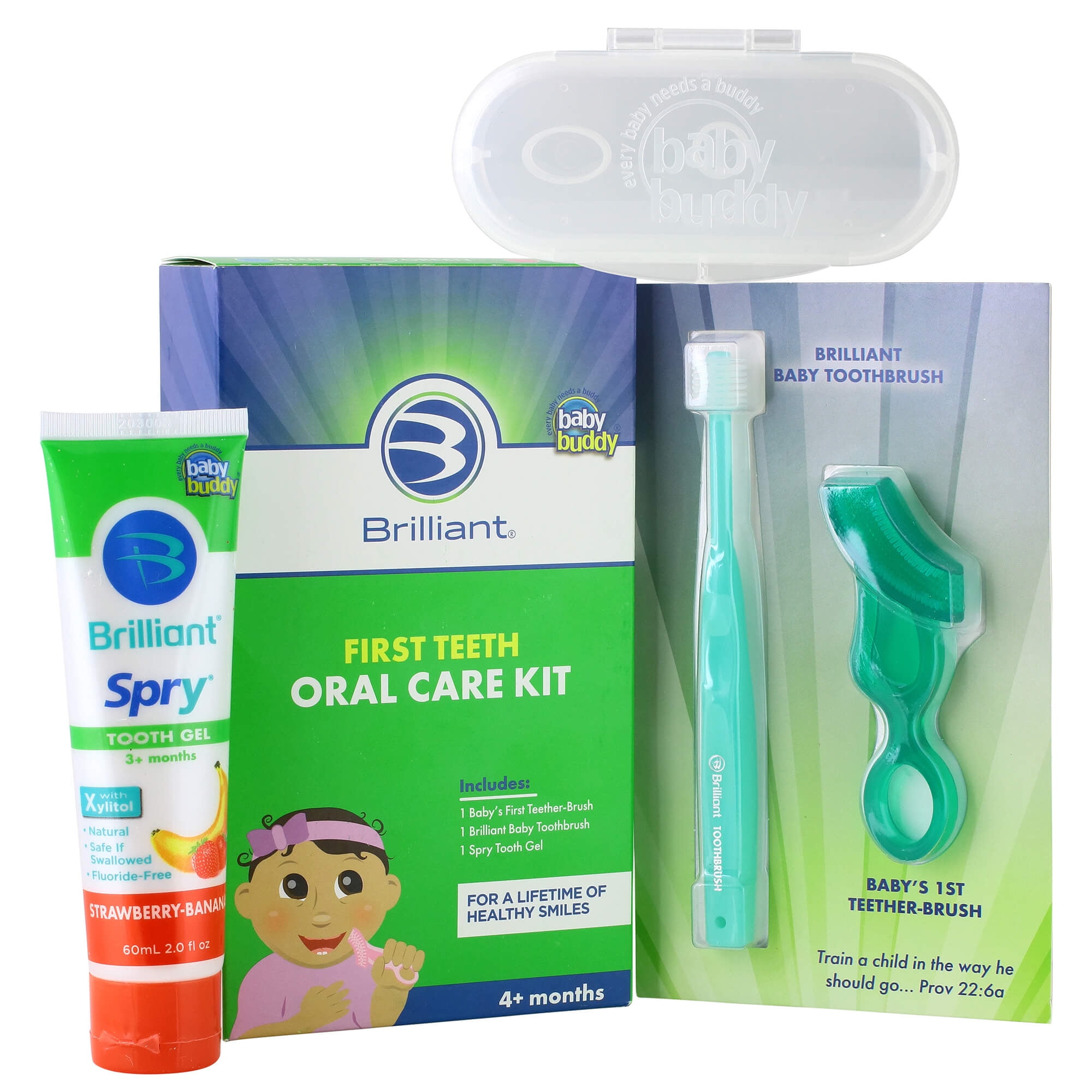 Brilliant First Teeth Oral Care Kit with Chewing Toothbrush, Round Baby Toothbrush, and Xylitol
