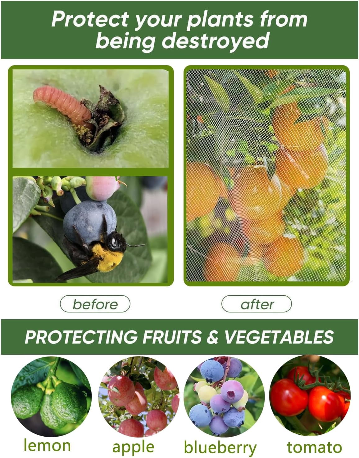 4 Pack Fruit Tree Netting with Zipper & Drawstring 2.6 x 3.2 Ft Reusable Blueberry Bush Cover Durable Bird for Vegetables Trees Bushes in Garden
