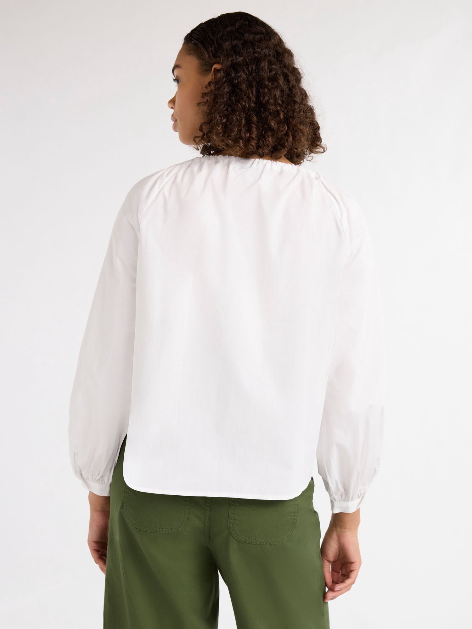 Free Assembly Women's and Women's Plus Gathered Neck Cotton Top with Long Sleeves, XS-4X