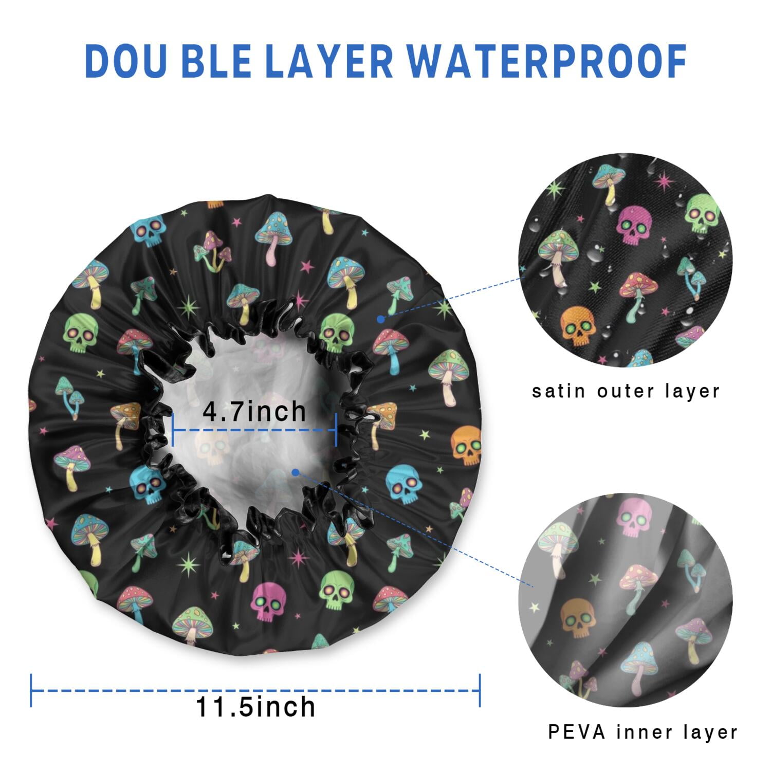 Shower Caps,Black Colorful Skull Mushroom Pattern Waterproof Shower Cap for Women 4 Pieces,Double Reusable Hair Cover for Shower PEVA Elastic Stretch Hem