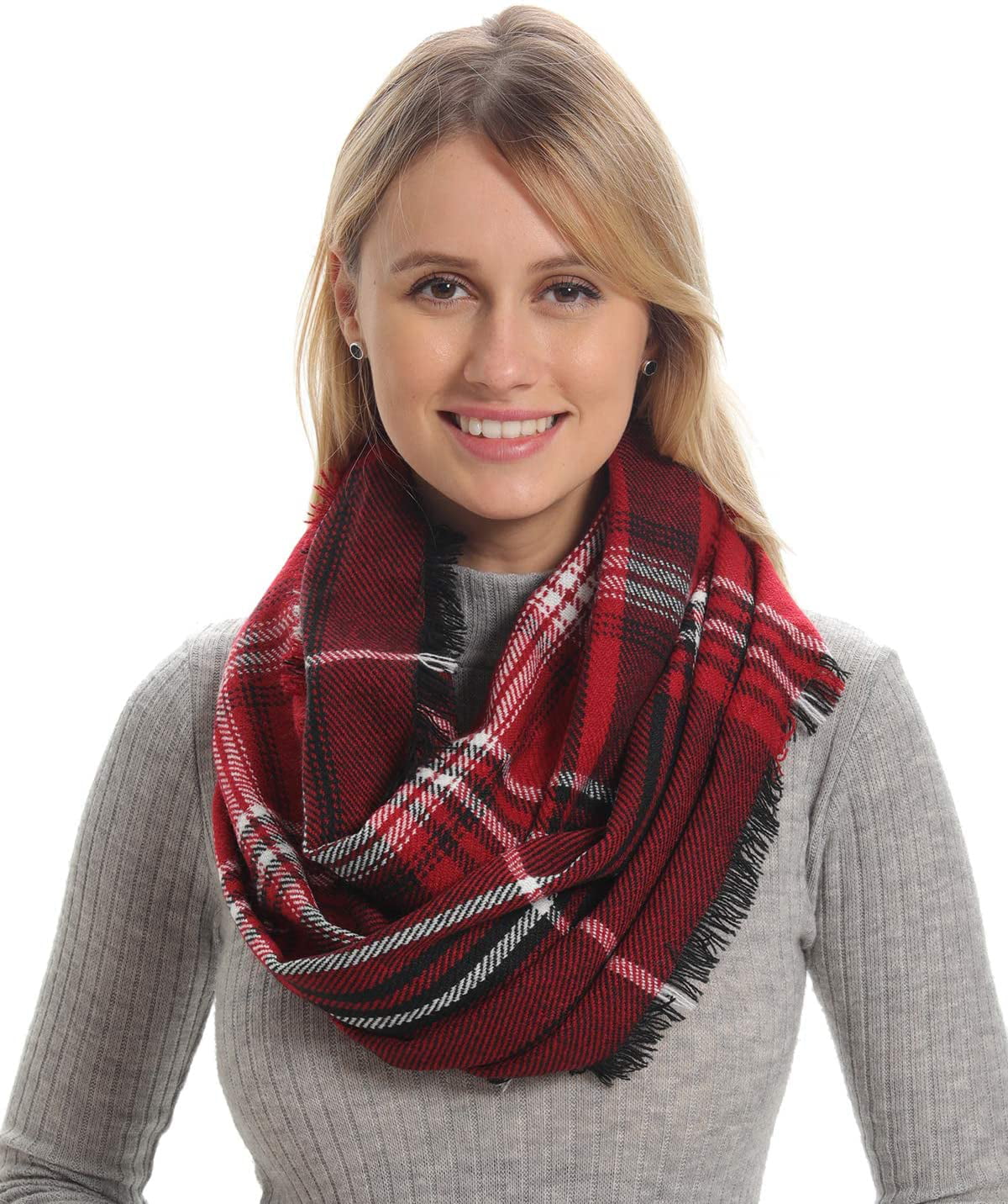 Fuzzy Knit Cashmere Red Buffalo Check Thick Warm Soft Wool Feel Women Plaid Infinity Scarf for Winter Fall