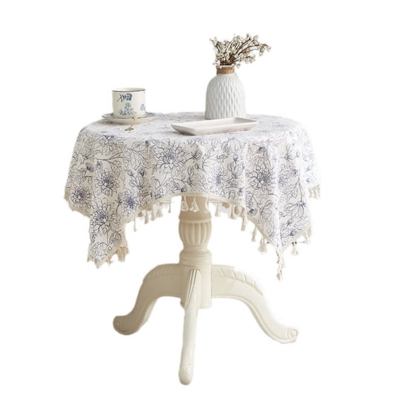 HHX 24×24 Inch Round Tablecloth, Blue and White Floral Linen Table Cover with Tassels, Waterproof Stain Resistant Table Cloth for Small Round Table, Patio, Kitchen