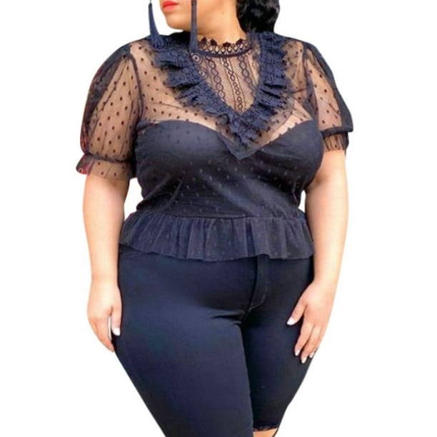 KVMeteor Women's Plus Size Sexy See Through Lace Short Sleeve Shirts Tops -  Walmart.com