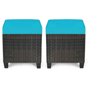 2-Piece Patio Ottoman Set - Wicker Footstools, All Weather PE Rattan Ottoman with Removable Cushions, Square Footrest Seat, Outdoor Stools for Garden, Porch, Pouf Ottoman (Turquoise)