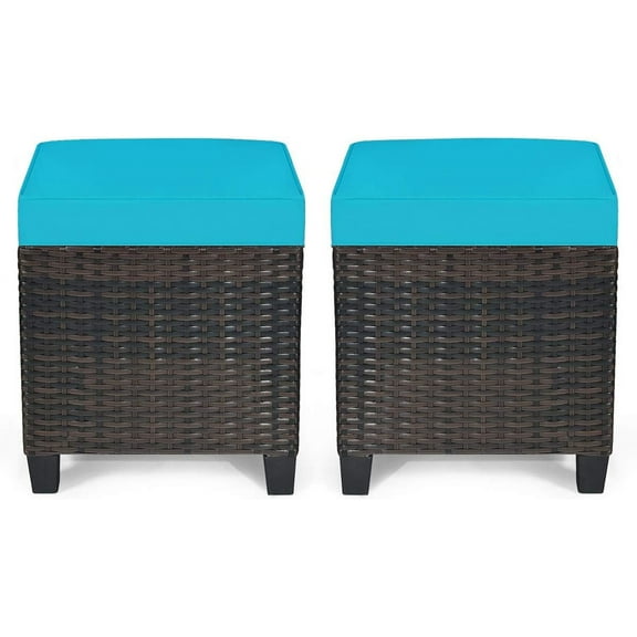 CHTER 2-Piece Patio Ottoman Set - Wicker Footstools, All Weather PE Rattan Ottoman with Removable Cushions, Square Footrest Seat, Outdoor Stools for Garden, Porch, Pouf Ottoman (Turquoise)