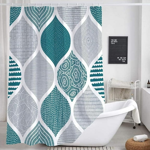 Teal and Grey Bohemian Shower Curtain for Bathroom, Gray White Bohemia Chic Fabric Geometric Pattern Shower Curtains Set, Modern Paisley Restroom Decor Accessories with Hooks 72X72Inches