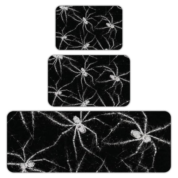 RKSupls Kitchen Rug Set 3 Piece Anti-Slip Flannel Floor Mats, Spiders Webs Black Washable Absorbent Runner Mats for Kitchen Bathroom Home Decor