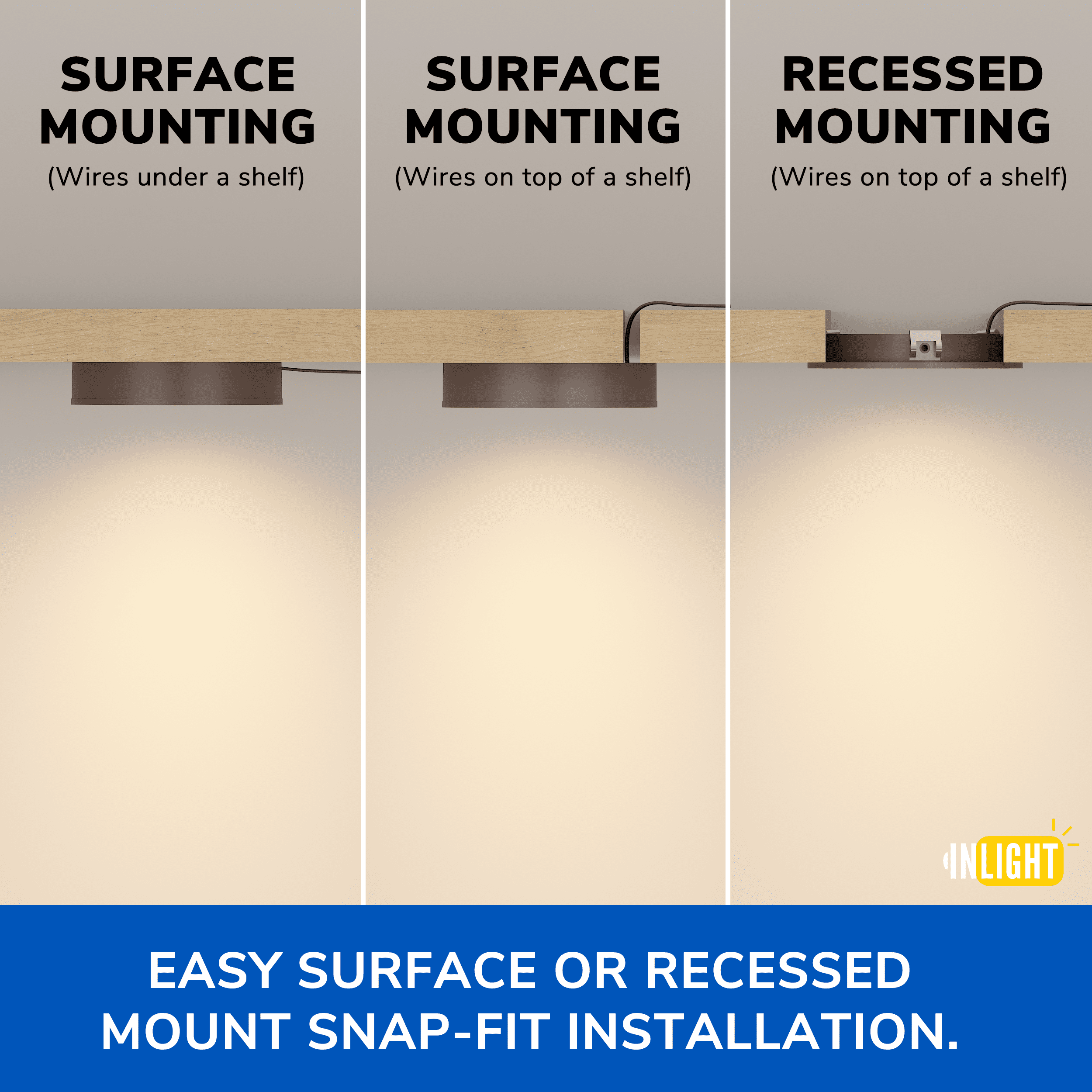 Inlight 2.75" Under Cabinet LED Puck Lights Kit, 3000K Warm White, Recessed, Surface Mount, ETL Listed, 3-Pack, IN-0102-3-WH