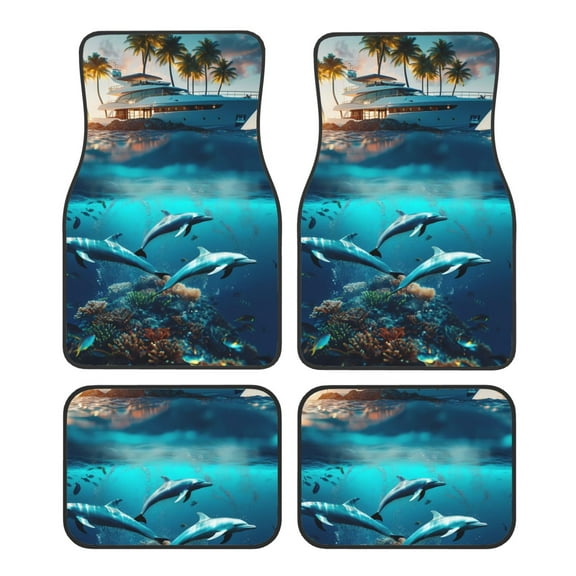Yiaed Hawaiian Ship Dolphin Print Carpet Floor Mats for Cars, Auto Accessories Front & Rear Car Floor Mats Car Floor Foot Mat Sets of 4 Pieces