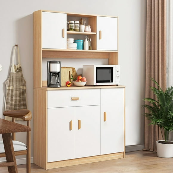 Kitchen Pantry Storage Cabinet, Freestanding Hutch Cabinet with Buffet Cupboard, Utility Pantry with Microwave Stand, Household Wall Tall Sideboard with Drawers, Doors and Shelves