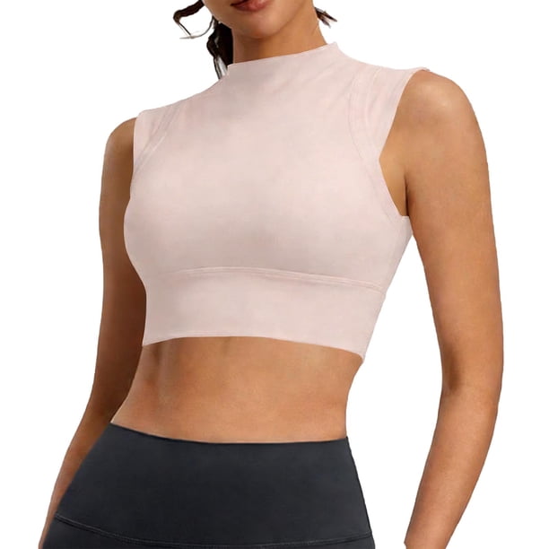 Basic White Tank Top Mujeres de Cuello Alto de Malla de Doble Cara Que Absorbe Golpes Yoga Top, Body Shaping Tank Tops para Mujeres con Taza Fija