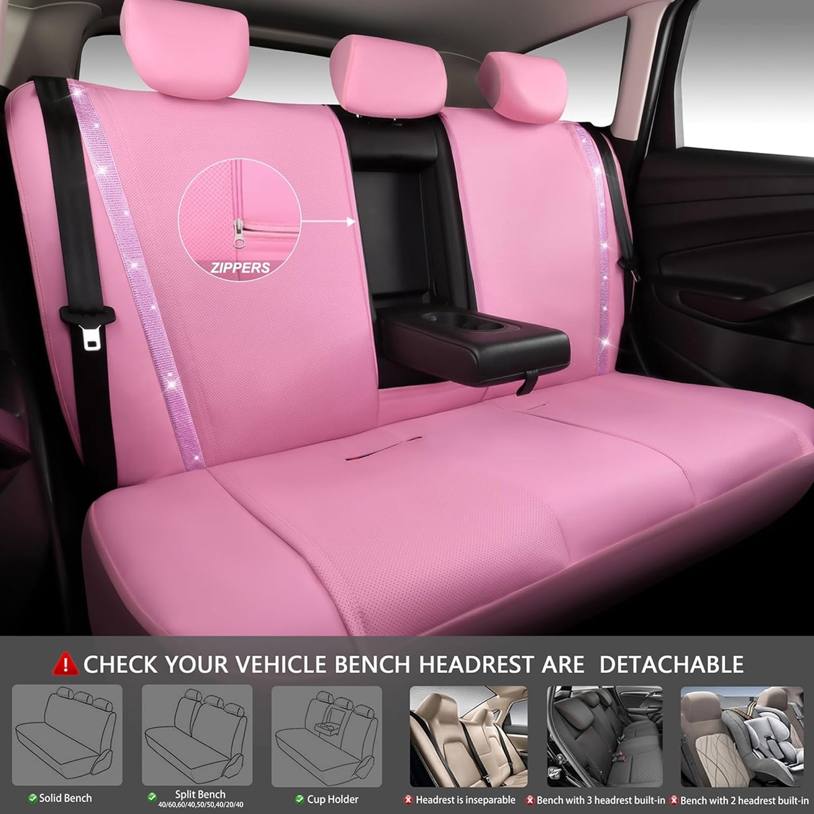 Car-Grand Bling Diamond Rhinestone Leather car seat covers full set waterproof universal shinning glitter crytal sparkle fit automotivve truck SUV Cute girl femal All Pink
