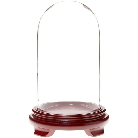 Plymor 4.5" x 8" Glass Display Dome Cloche (Red Wood Veneer Footed Base)