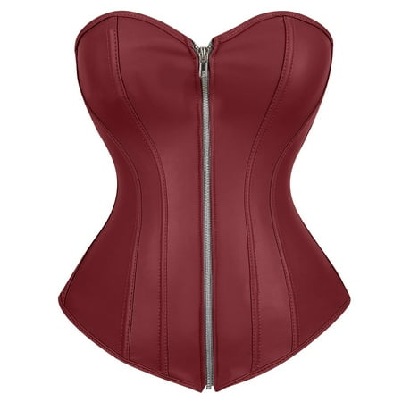 JULMCOMO Corset Shapewear Ruffle Trim Bustier Tops for Women Retro Zip Push Up Corsets Waist Trainer Strapless Lingerie Tubes Wine L